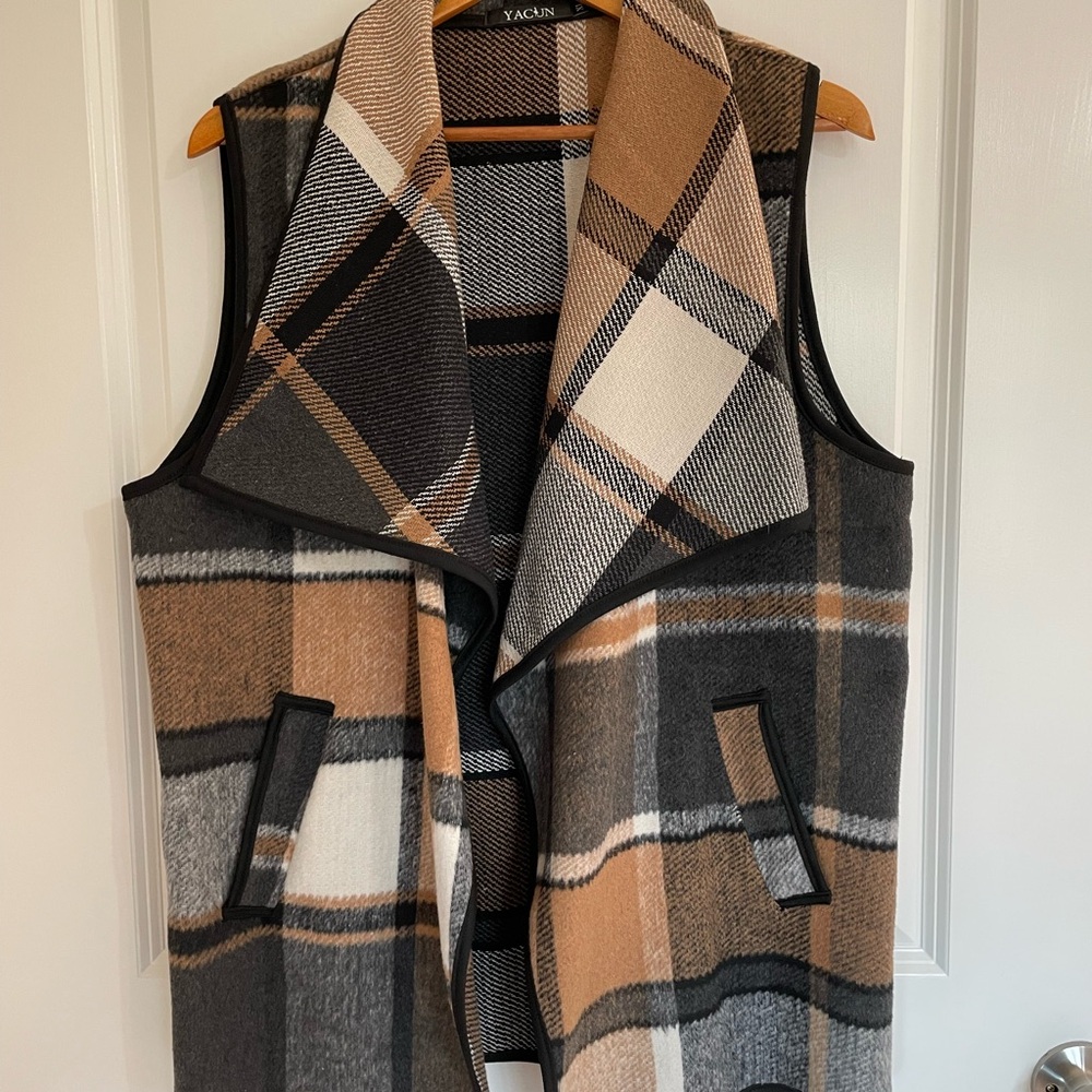 Plaid Women's Vest in Black, Brown, and Cream